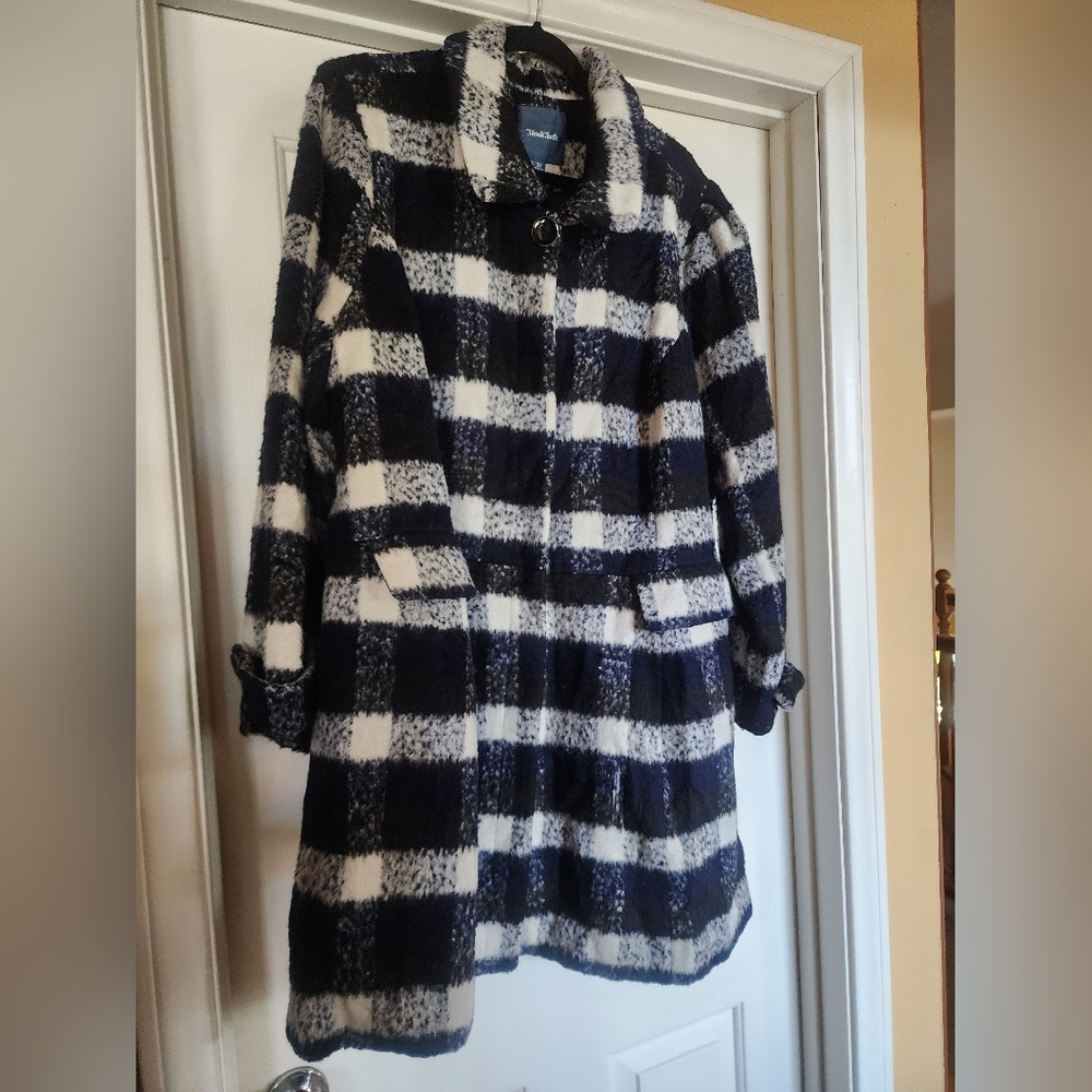 Navy Blue, Black, and White Plaid Pea Coat